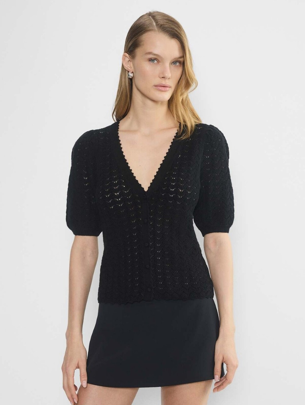 WILFRED Fika Cardigan Black Merino Wool Cotton Blend Medium Aritzia